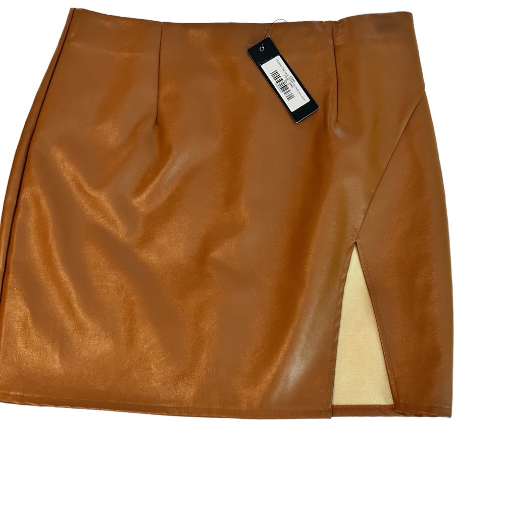 Lulu’s Walking the walk Faux Leather Miniskirt, LG, Camel, NWT